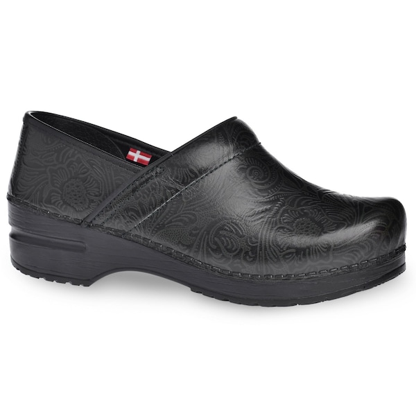 Women's Closed Back Clog, Embossed Leather Upper, Polyurethane Outsole, Green, Size 5.5-6 M
